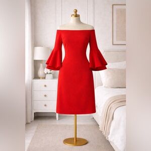Vince Camuto Size M | Red Off Shoulder Dress | Elegant Bell Sleeve Statement